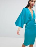 Asos Satin Cape Kimono Sleeve Deep Plunge Midi Dress - Multi