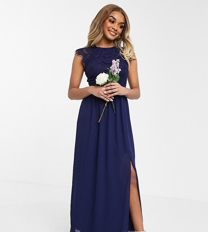 Tfnc Petite Bridesmaid Lace Open Back Maxi Dress In Navy