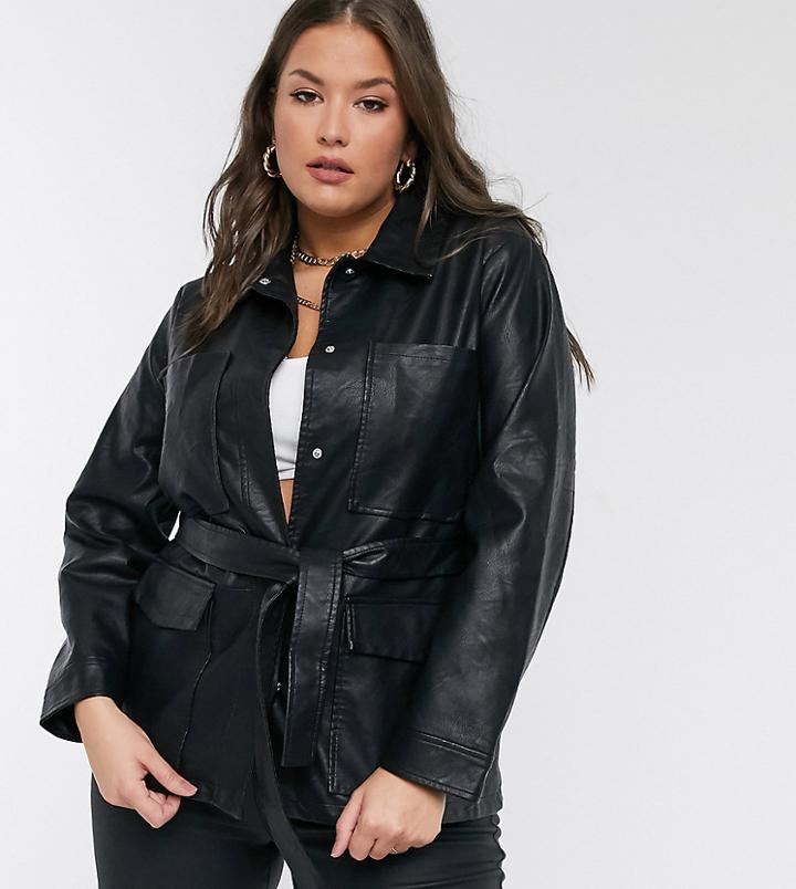 Threadbare Plus Lemonade Belted Faux Leather Coat-black