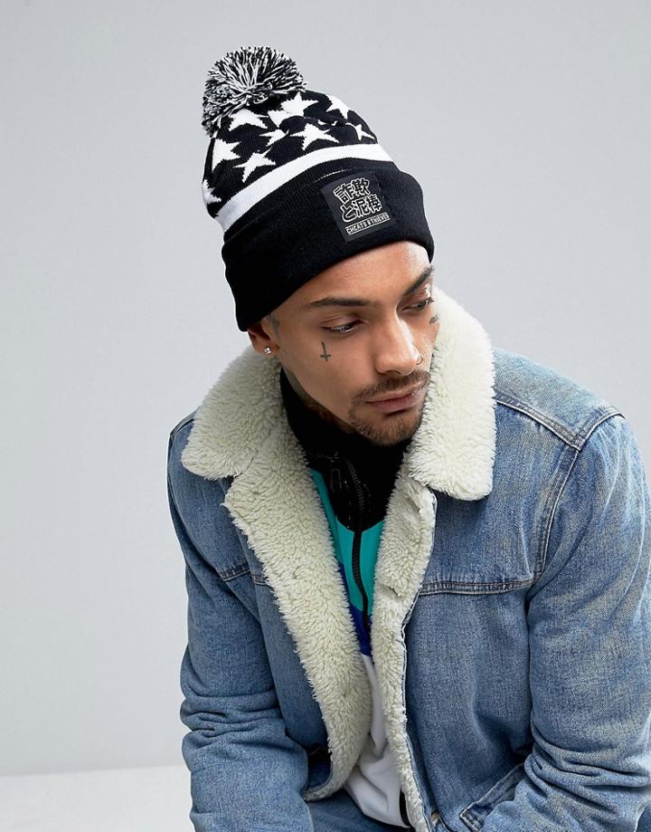 Cheats And Thieves Bobble Beanie Hat With Stars And Stripes - Black