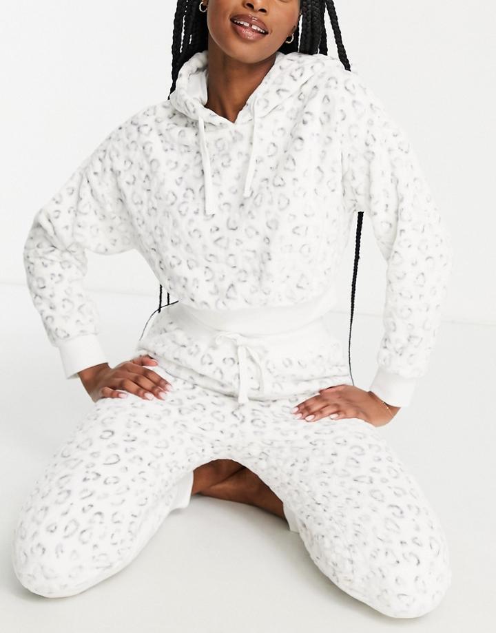 Miss Selfridge Animal Fleece Hoodie And Sweatpants Lounge Set-white