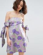 Asos Salon Jacquard Bow Tie Cold Shoulder Empire Mini Dress - Purple