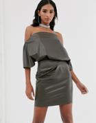 Asos Design Pu Drape Shoulder Mini Dress - Green