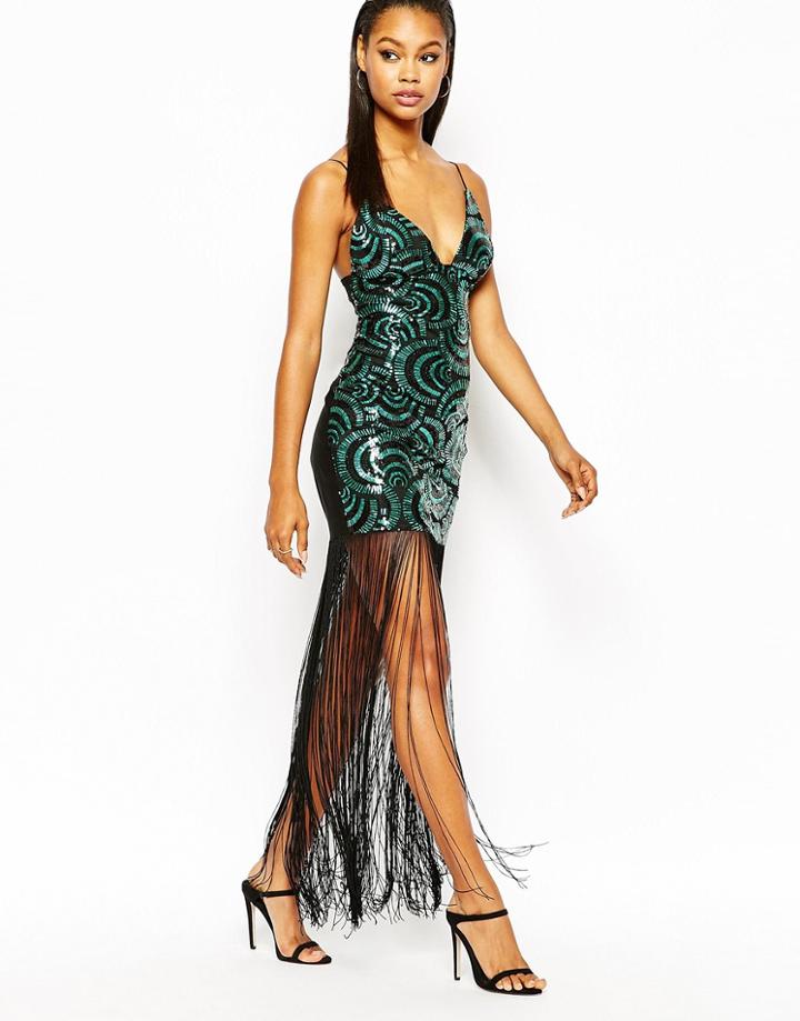 Rare London Patterned Sequin Maxi Dress With Fringing - Green