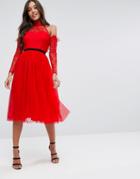 Asos Premium Tulle Cold Shoulder Midi Prom Dress - Red