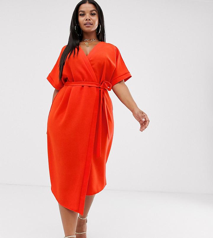 Asos Design Curve Midi Wrap Dress-red