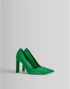 Bershka Pointed Sporty Heeled Pumps In Green Satin