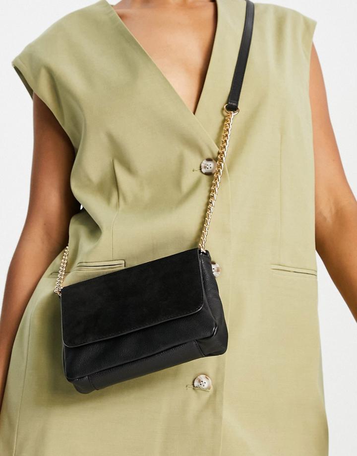 Asos Design Leather Crossbody With Flap And Chain Strap In Black