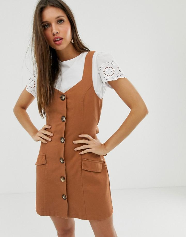Asos Design Denim Button Pinafore Mini Dress In Rust - Red