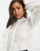 Y.a.s Broderie Shirt With High Neck And Ruffle Detail In White