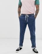Asos Design Original Fit Jeans With Elasticated Waist In Flat Mid Blue