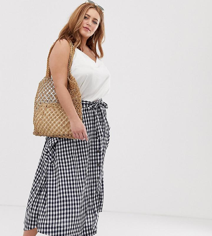 Asos Design Curve Gingham Full Midi Skirt With Belt And Pockets - Multi
