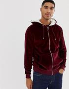Asos Design Zip Up Hoodie In Velour With Fleece Hood In Burgundy-red