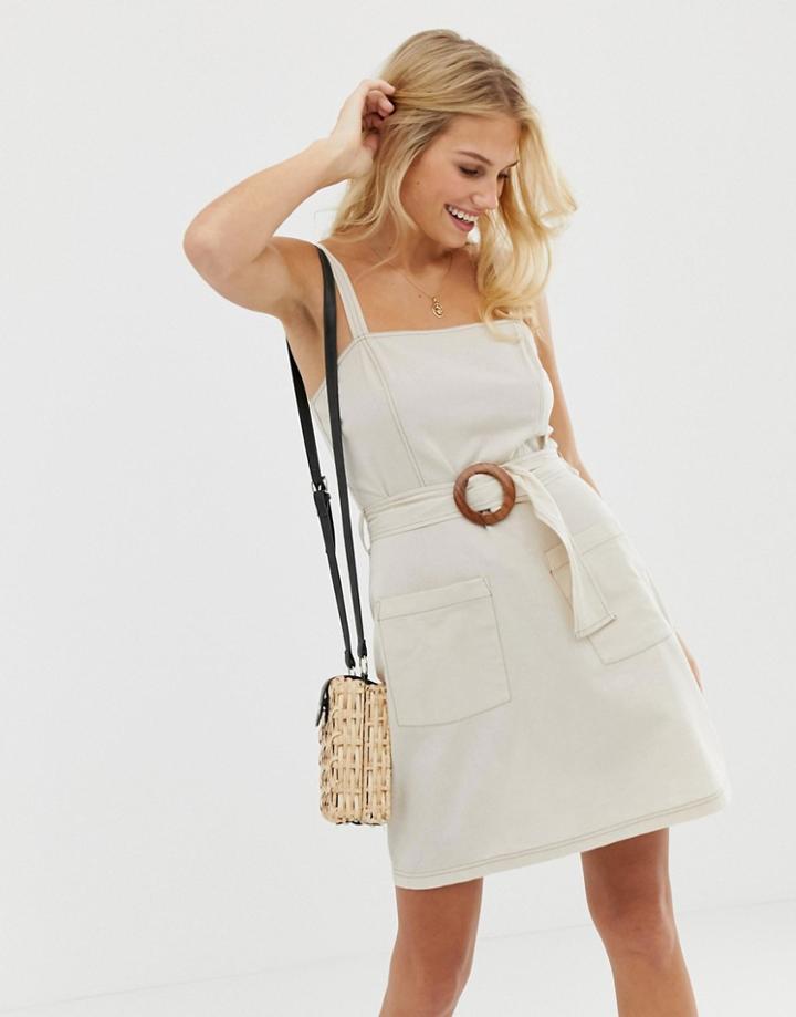 Asos Design Square Neck Linen Mini Sundress With Wooden Buckle & Contrast Stitch-beige