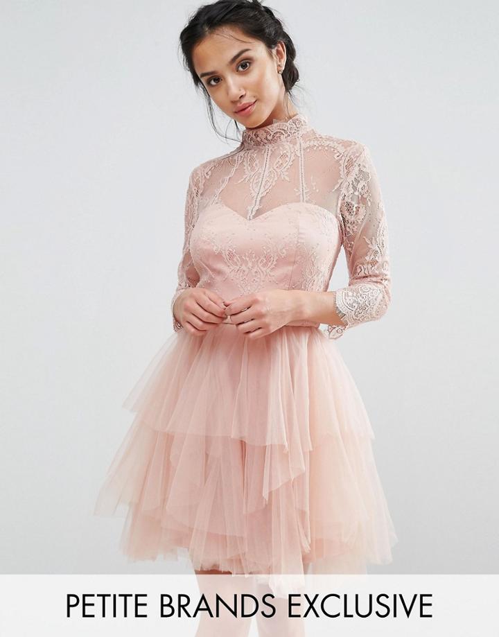 Chi Chi London Petite Allover Lace Mini Prom Dress With Ruffle Layered Skirt - Pink