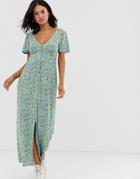 Asos Design Jersey Crepe Maxi Tea Dress With Self Covered Buttons In Blue Ditsy - Multi