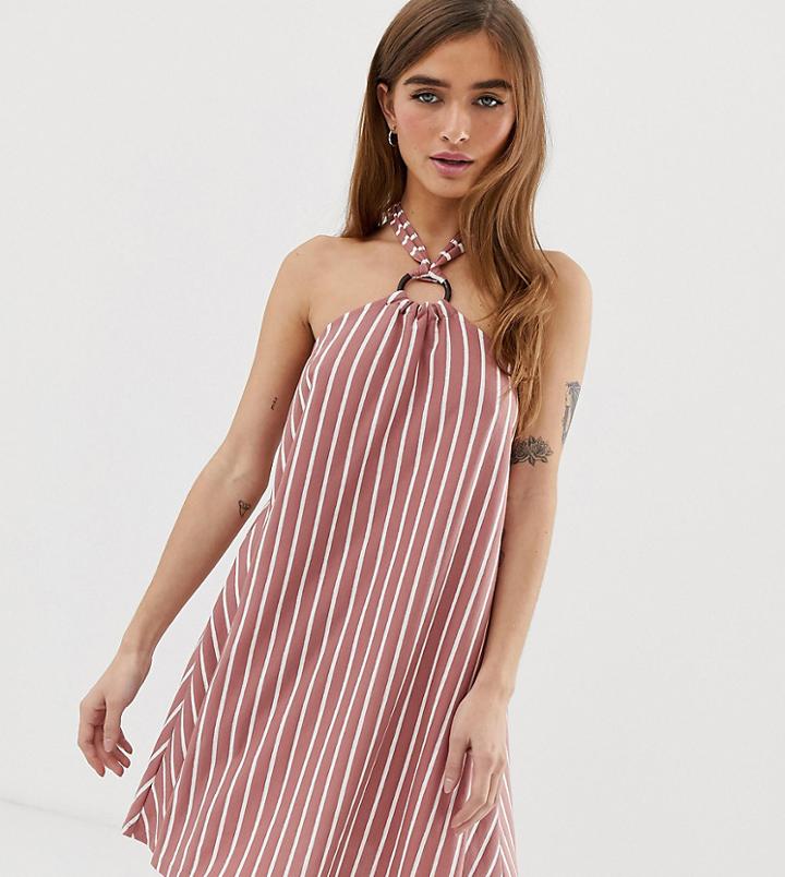 Asos Design Petite Mini Halter Swing Dress With Faux Tortoiseshell Ring Detail In Stripe - Multi