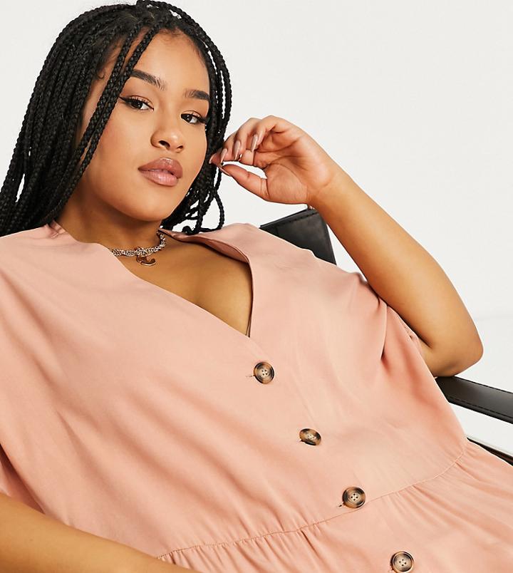 Asos Design Curve Peplum Top With Contrast Buttons In Tan-orange