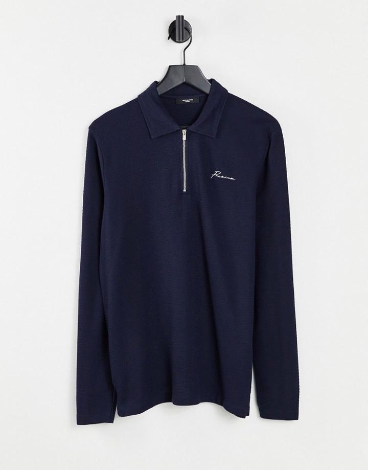 Jack & Jones Premium Zip Polo With Long Sleeves In Navy