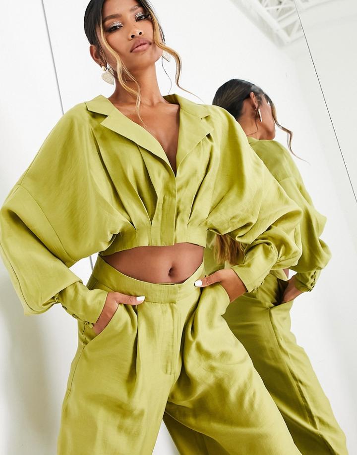 Asos Edition Drapey Pleat Waist Top In Tencel In Lime Green