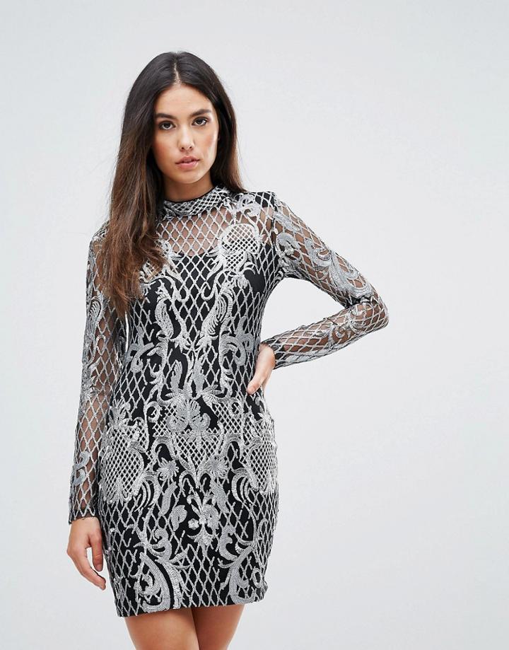 Club L High Neck Sequin Embroidery Dress - Gold