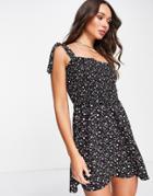 The Frolic Gia Shirred Mini Beach Dress In Black Floral-multi