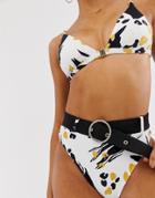 River Island Bikini Bottoms With Belt In Abstract Print-cream