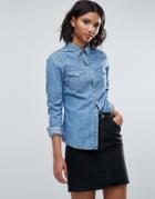 Asos Denim Fitted Shirt In Mid Wash Blue - Blue