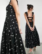 Asos Edition Midi Dress With Daisy Embroidery With Ruffle Strap In Black
