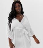 Asos Design Curve Plunge Tie Waist Kimono Sleeve Crinkle Beach Cover Up In White - White