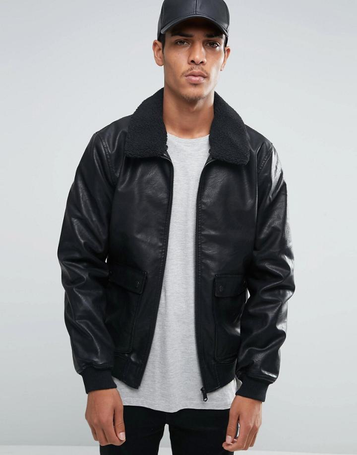 Threadbare Fleece Collar Shetland Bomber Jacket - Black