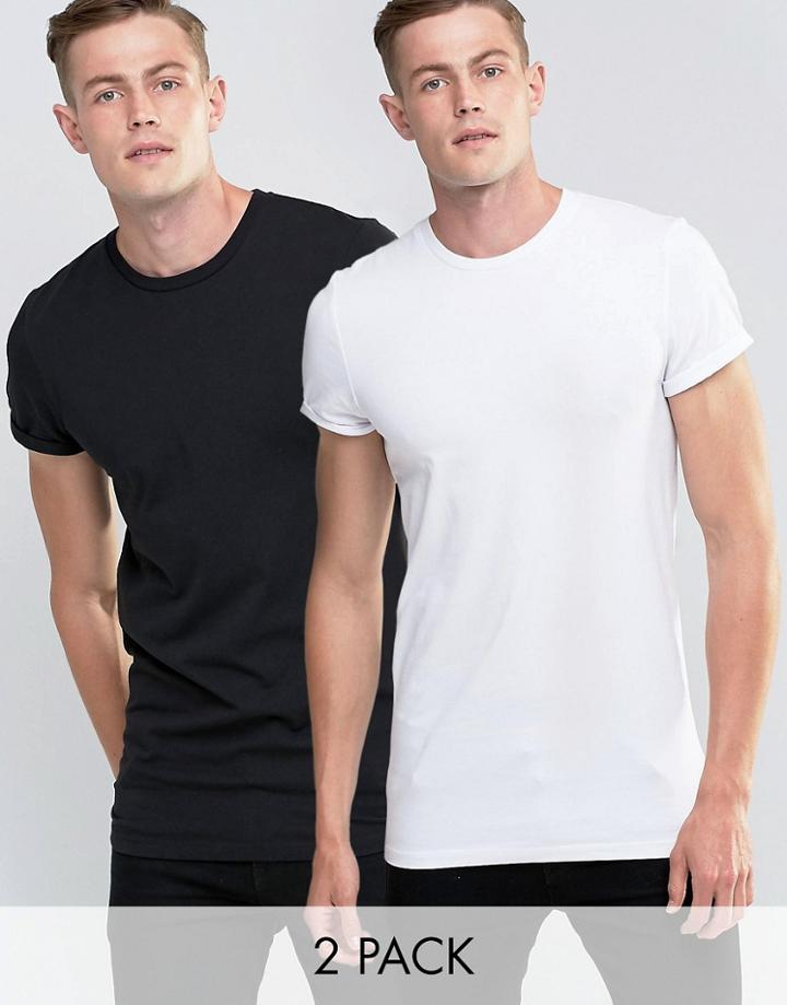 Asos 2 Pack Longline Muscle T-shirt With Roll Sleeve Save 15% In White/black