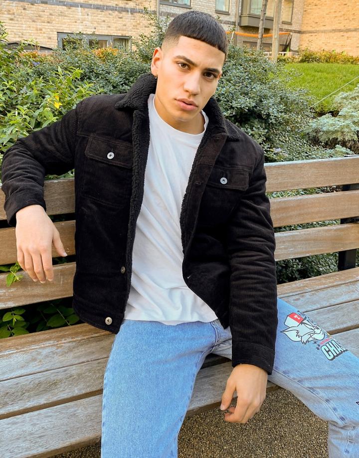 Bershka Cord Trucker Jacket With Teddy Collar In Black