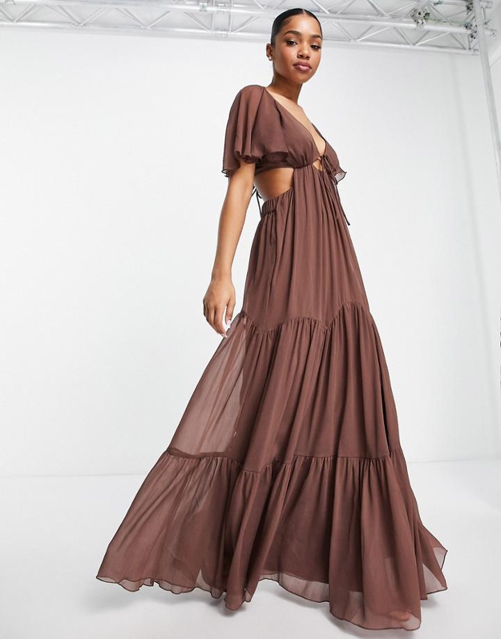 Asos Design Soft Tiered Maxi Dress With Tie Front-brown