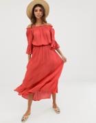 Asos Design Off Shoulder Maxi Dress In Texture Dobby - Red