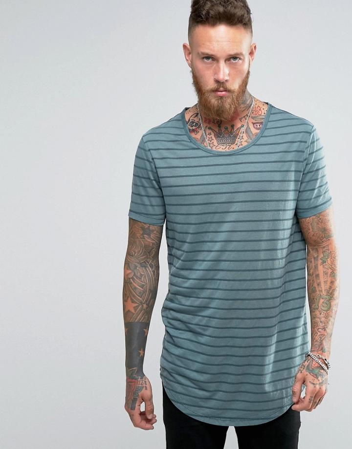 Asos Super Longline T-shirt With Scoop Neck And Curved Hem In Sheer Stripe - Blue