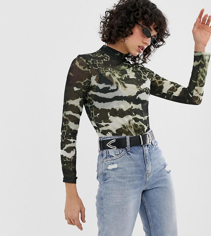 River Island Mesh Roll Neck Top In Camo - Green