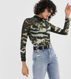 River Island Mesh Roll Neck Top In Camo - Green