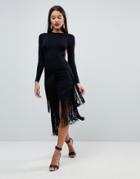 Asos Long Sleeve Open Back Asymmetric Fringe Hem Midi Dress - Black