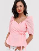 Asos Design Sweetheart Neck Wrap Top With Short Sleeves In Taffeta-pink