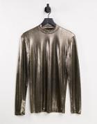 Asos Design Long Sleeve High Neck T-shirt In Gold Metallic