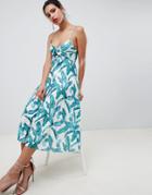 Asos Design Knot Front Pleated Midi Dress In Palm Print - Multi