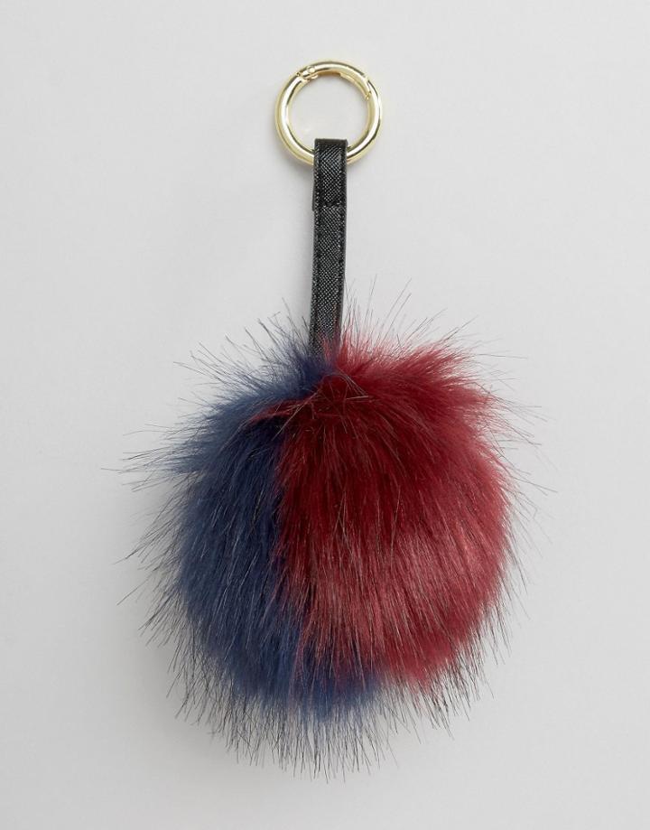 My Accessories Faux Fur Pom Bag Charm In Navy & Burgundy Mix - Multi