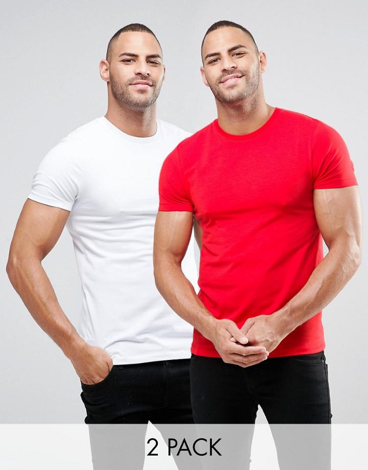 Asos 2 Pack Muscle T-shirt In Red/white - Multi