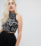 Lace & Beads Embellished High Neck Crop Top In Monochrome - Multi