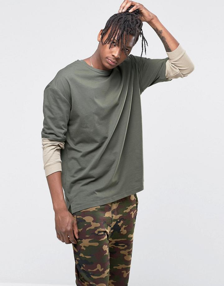 Asos Oversized Long Sleeve T-shirt With Waffle Double Layer Sleeves