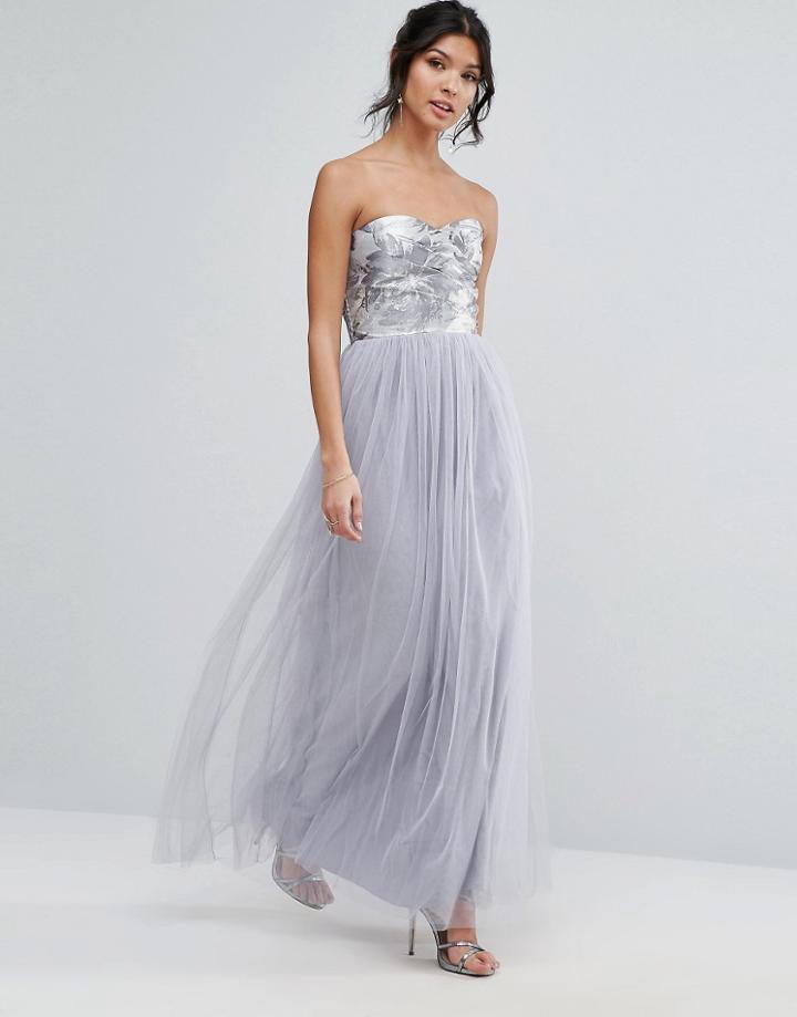 Little Mistress Jacquard Bandeau Maxi Dress - Silver