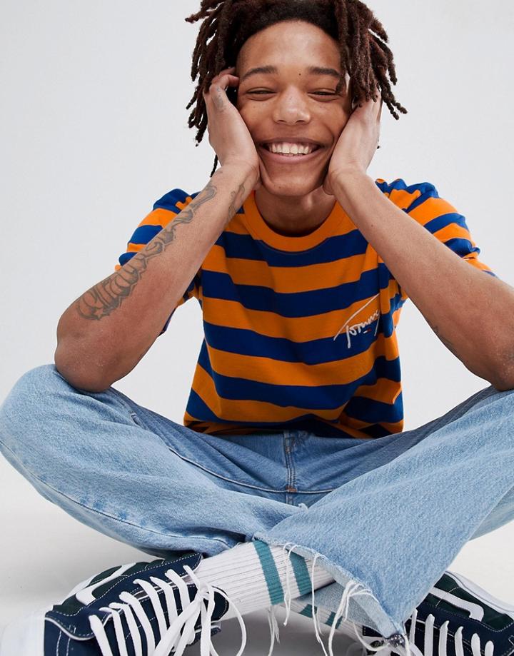 Tommy Jeans Signature Capsule Stripe Logo T-shirt Relaxed Fit In Orange/blue - Orange