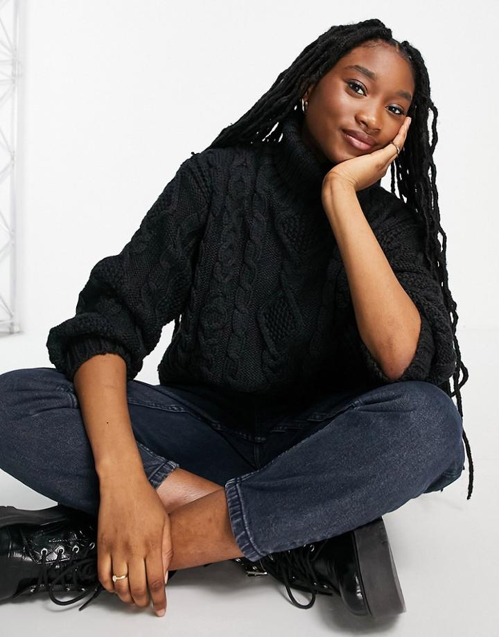 Monki Polyester High Neck Cable Knit Sweater In Black - Black