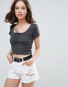 Daisy Street Lace Up Crop Top - Gray